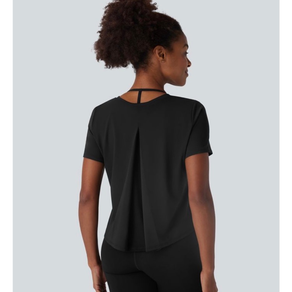 HALARA Black Short Sleeve Pleated Mesh Back Tee - Picture 1 of 15